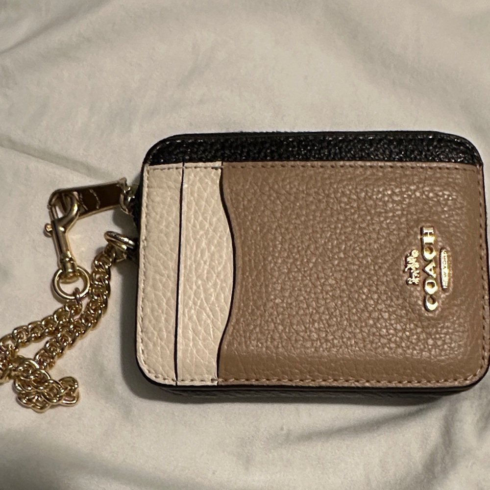 Coach Beige and Black Card Holder with Gold Chain